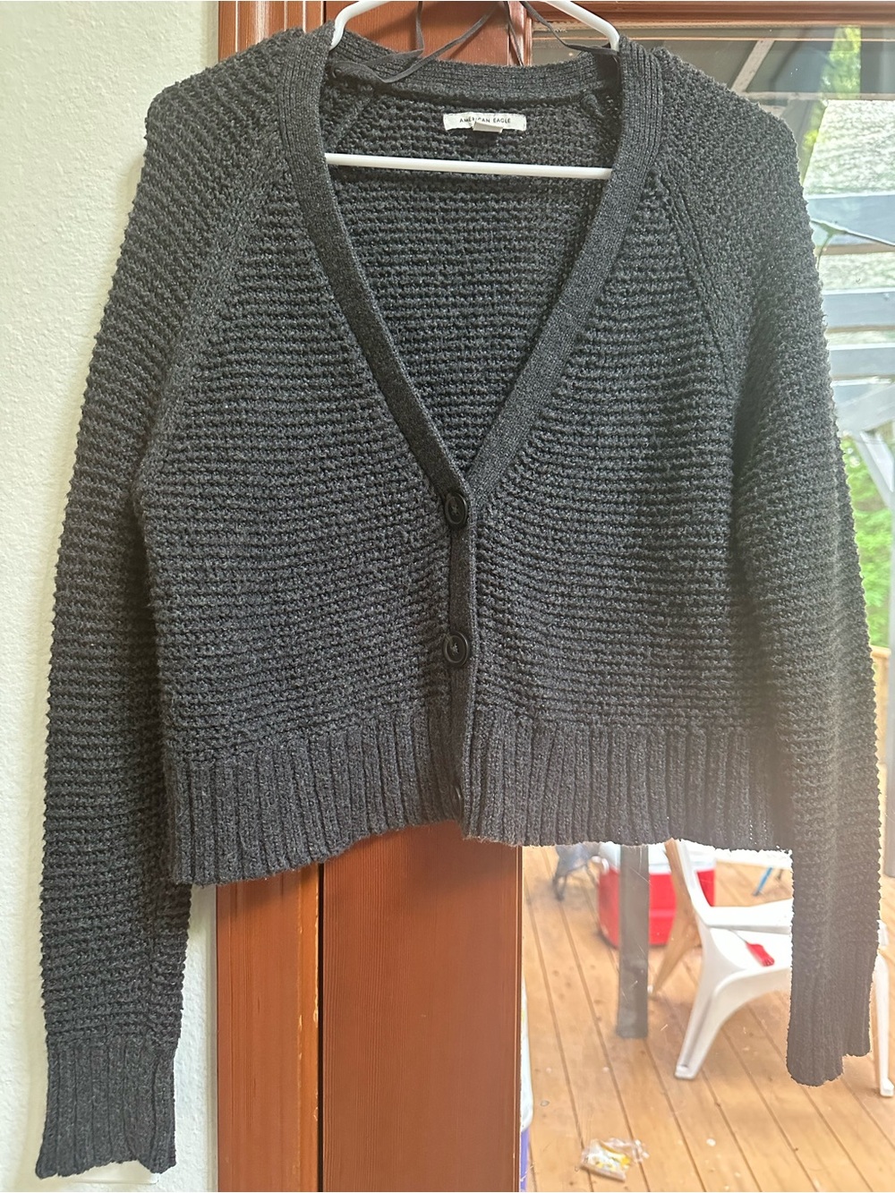American Eagle Outfitters Charcoal Cropped V-Neck Button Cardigan